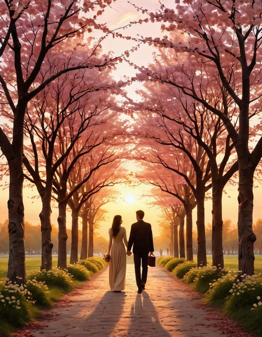 A serene pathway lined with blossoming trees, guiding two figures who are holding hands and sharing a warm gaze, symbolizing the transition from fondness to intimacy. The background features a soft sunset, casting a golden hue, enhancing the emotional depth of their connection. Incorporate subtle elements like floating hearts or intertwined vines to signify growth in relationships. soft focus, romantic atmosphere, vibrant colors.