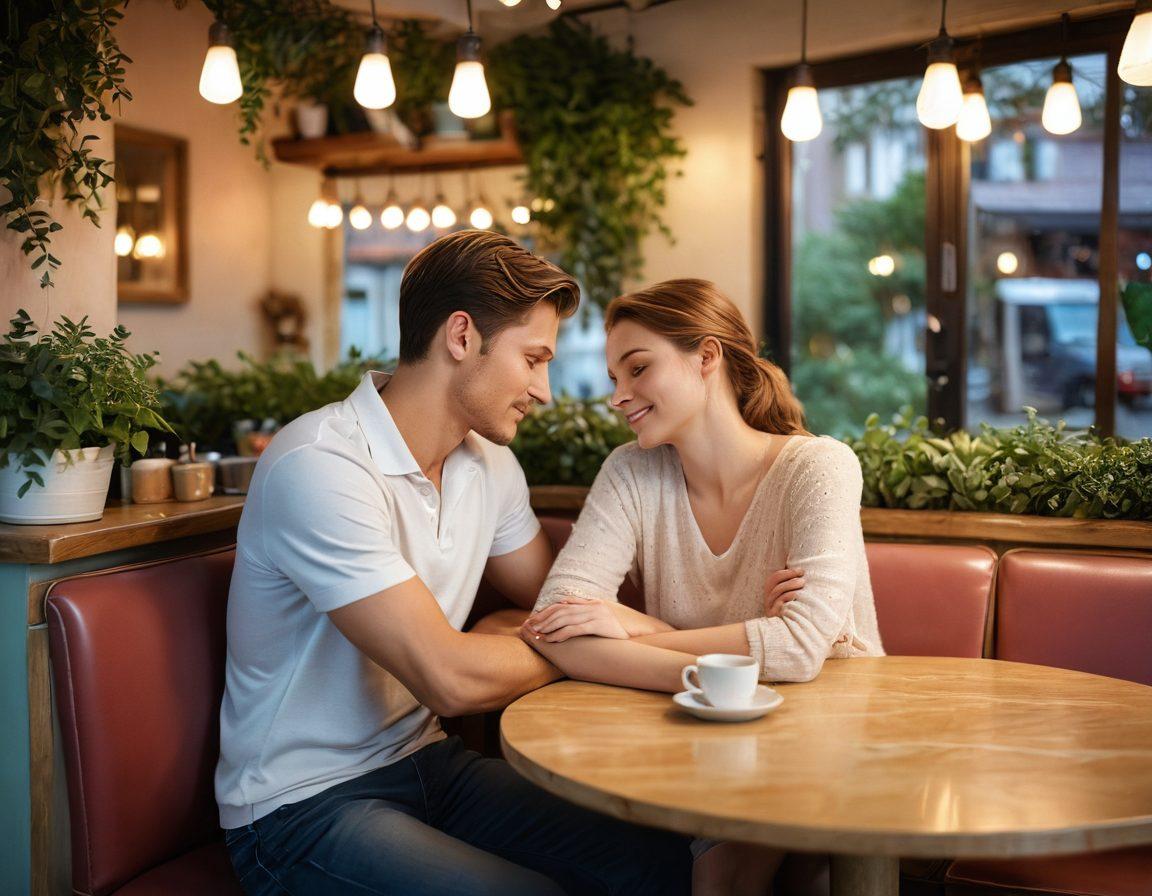 A warm, intimate scene showing a couple sharing a tender moment in a cozy café, surrounded by soft lighting and gentle colors. Incorporate symbolic elements like heart-shaped decorations and intertwined hands to represent compassion and connection. The background should include lush greenery to evoke a sense of tranquility and romance. pastel colors. super-realistic.