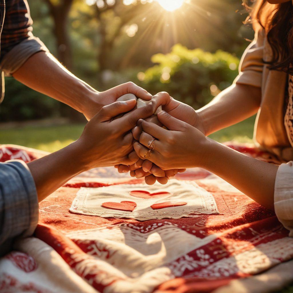 A warm, intimate scene depicting a diverse couple sharing a heartfelt moment, surrounded by symbols of love like hearts, flowers, and intertwined hands. Soft, golden light filters through a lush park, emphasizing connection and tenderness. Include elements like a picnic blanket, books on relationships, and a gentle breeze. Overall, evoke feelings of warmth, love, and connection. super-realistic. vibrant colors. soft focus.